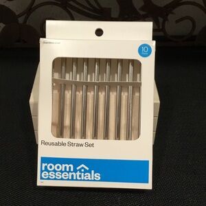 NIB Room Essentials Reusable Straw Set - Silver Stainless Finish